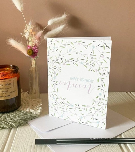 Birthday card for mum with floral wreath details