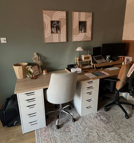 Meticulously organised Christian stationery beside packaging and mug boxes in the Daisy & Joy small business office.