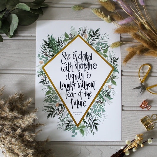 She is clothed with strength and dignity and laughs without fear of the future. Proverbs 31 v 25. Diamond design with foliage illustrations