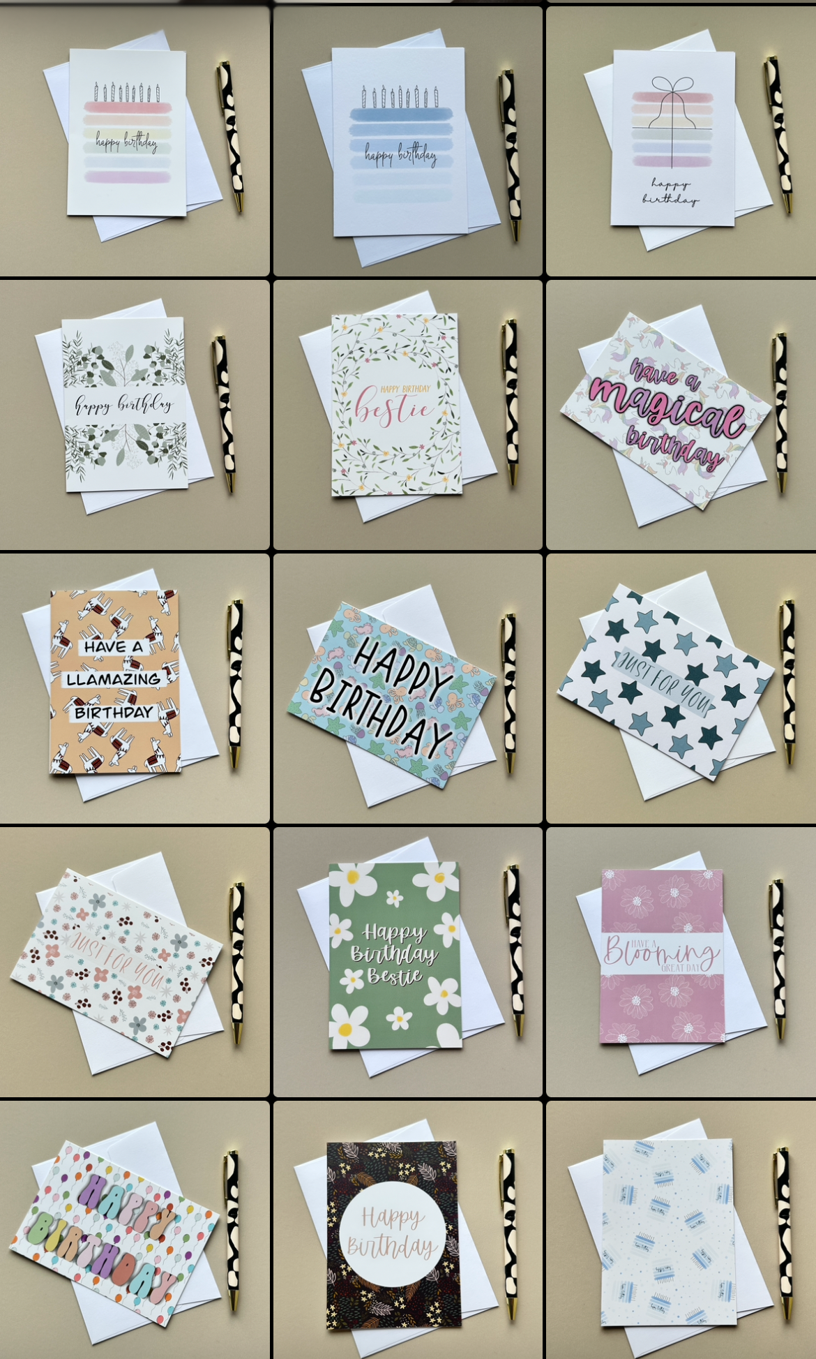 A 5x3 grid showing 15 different birthday greeting card designs, each displayed with its matching envelope and a striped party popper on a beige background.