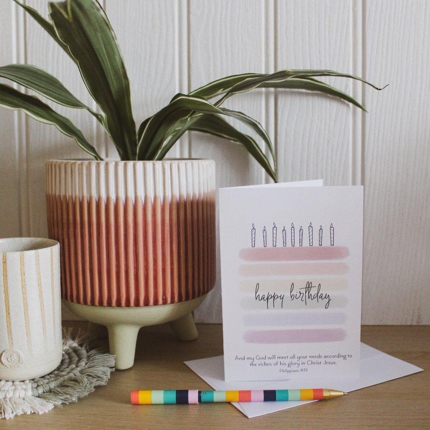 Bible verse birthday rainbow cake card - Philippians 4v19