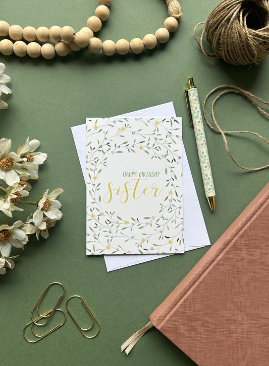 Floral Wreath Birthday card for Sister