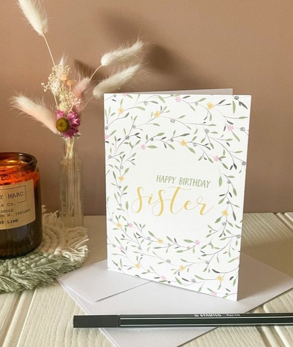 Birthday card for sister with floral wreath details