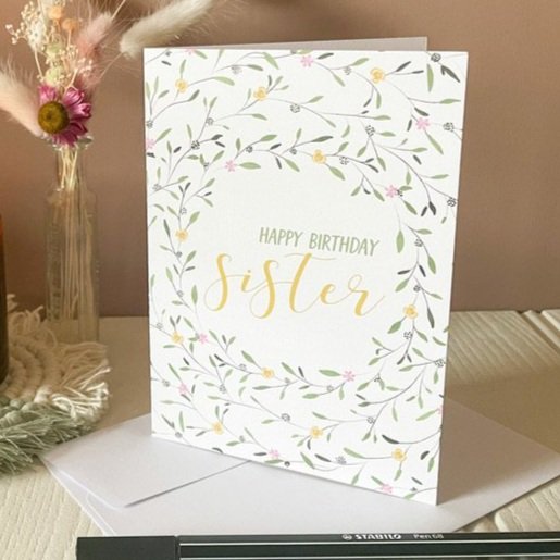 Birthday card for sister with floral wreath details