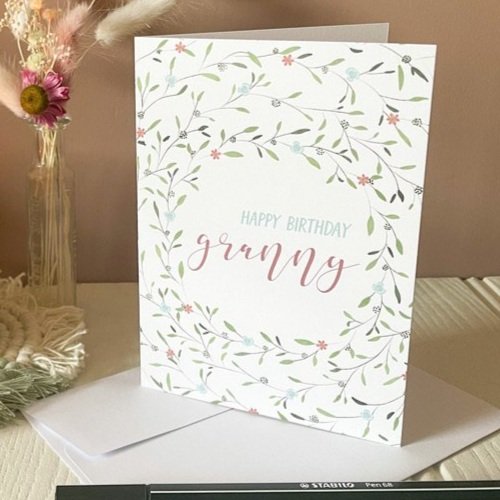 Birthday card for granny with floral wreath details