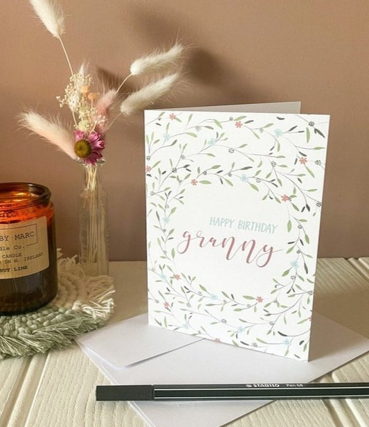 Birthday card for granny with floral wreath details