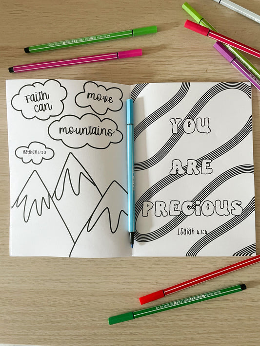 bible inspired colouring book, faith can move mountains, you are precious