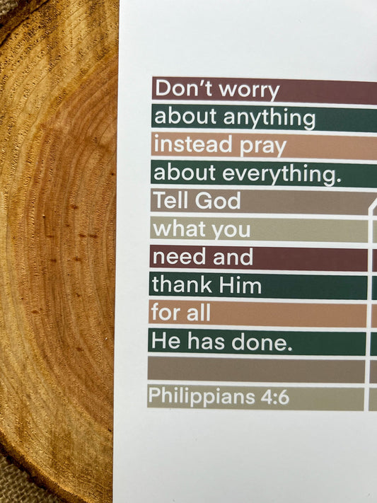 Philippians 4v6 Do not worry about anything instead pray about everything. Tell God what you need and thank Him for all He has done.