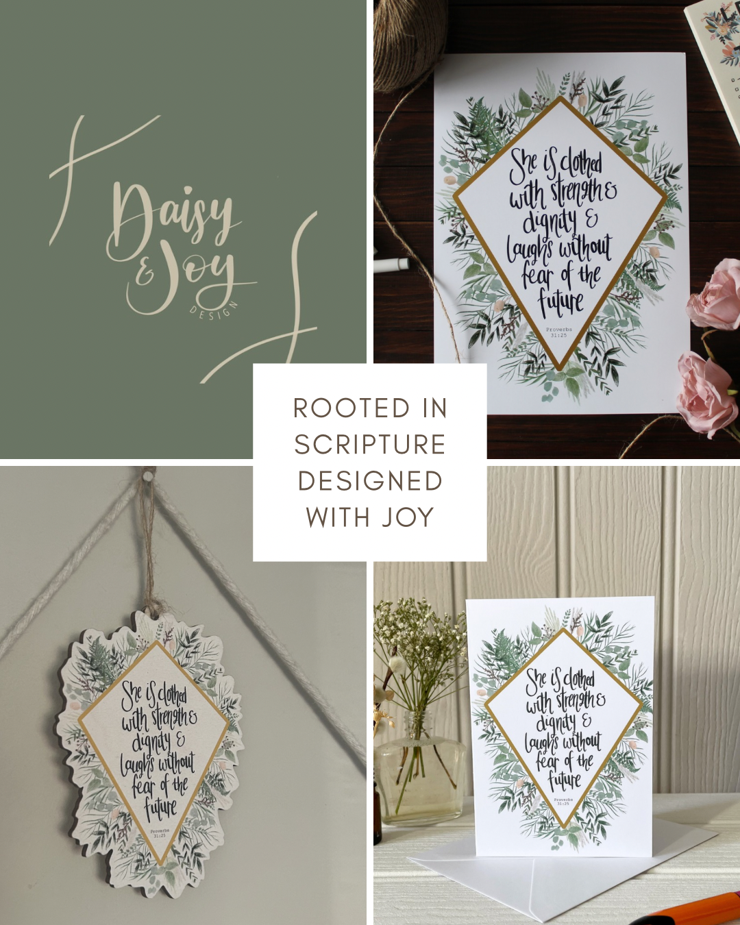 A four-panel collage showcasing a decorative hanging ornament and a matching greeting card. The designs feature a white central diamond with gold border lines and navy blue script text reading 'She is clothed with righteousness, chastity & love without fear of the future,' surrounded by green watercolor leaves.