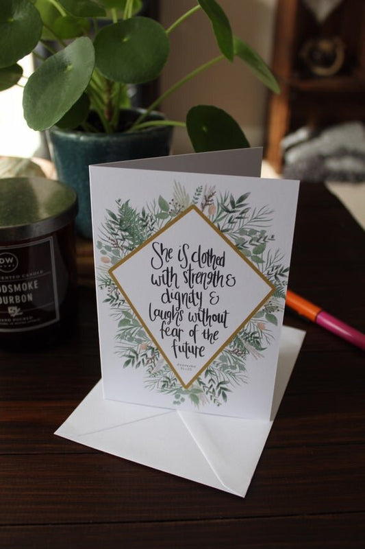 Bible Verse Card - Proverbs 31 v 25 - Diamond Foliage Illustration Card